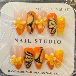 Orange Butterfly Press On Nails Flower Accent Medium Almond Fake‎ Nails